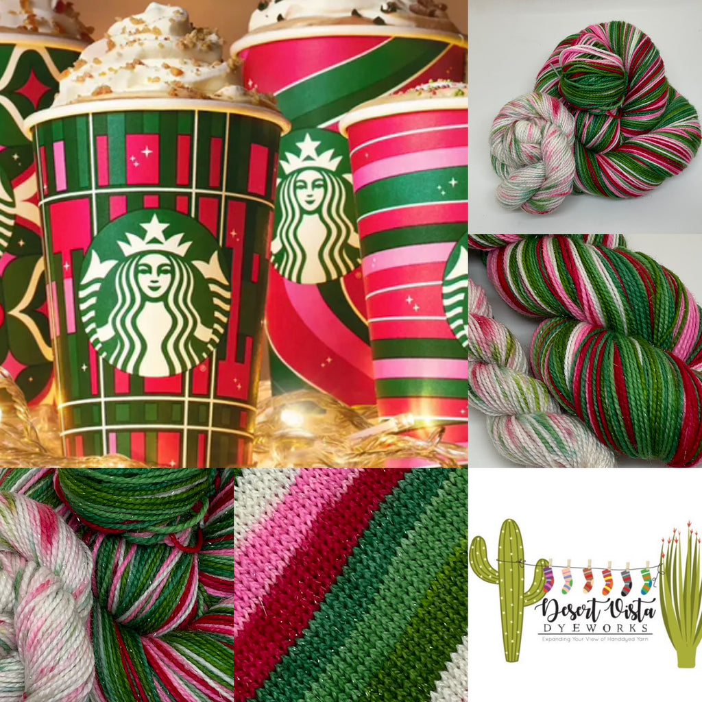 2023 Holiday Cups Six Stripe Self Striping Yarn with Speckled Mini Skein