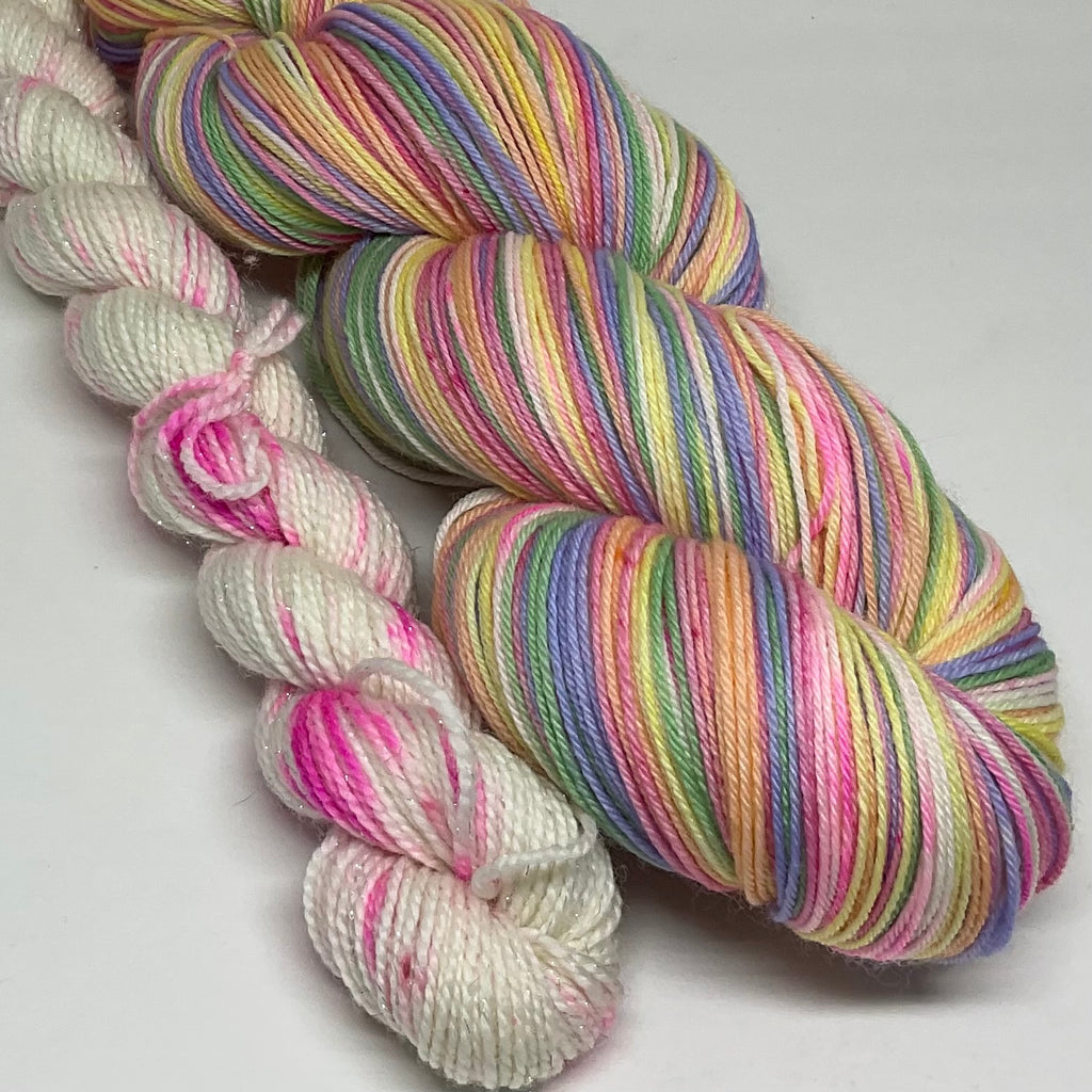 Conversation Hearts Six Stripe Self Striping Yarn with Speckled Mini Skein