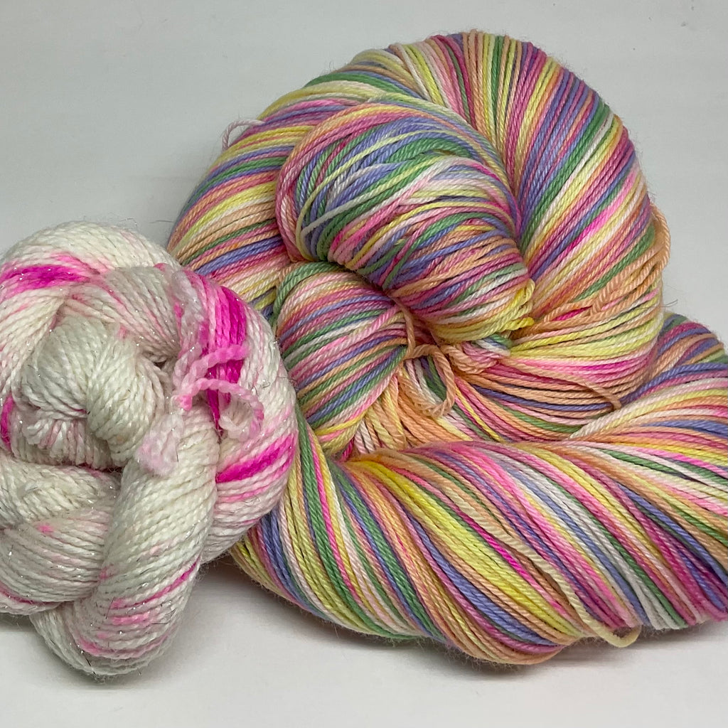 Conversation Hearts Six Stripe Self Striping Yarn with Speckled Mini Skein