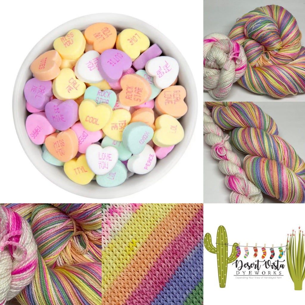 Conversation Hearts Six Stripe Self Striping Yarn with Speckled Mini Skein