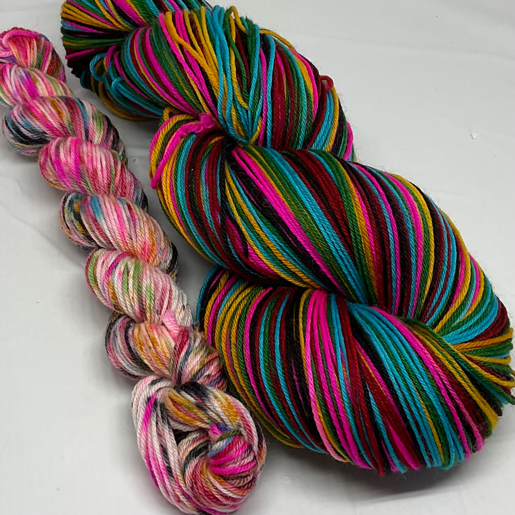 Dia de los Muertos Six Stripe Self Striping Yarn with Speckled Mini Skein