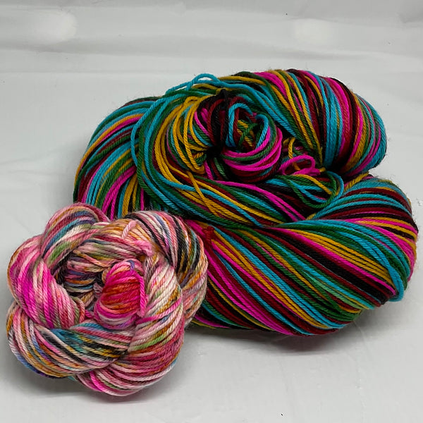 Dia de los Muertos Six Stripe Self Striping Yarn with Speckled Mini Skein