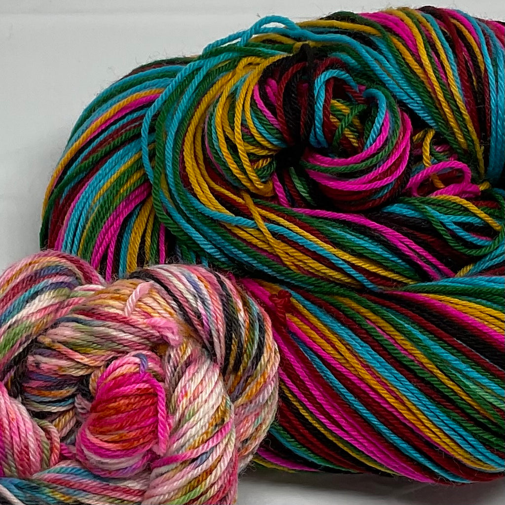 Dia de los Muertos Six Stripe Self Striping Yarn with Speckled Mini Skein