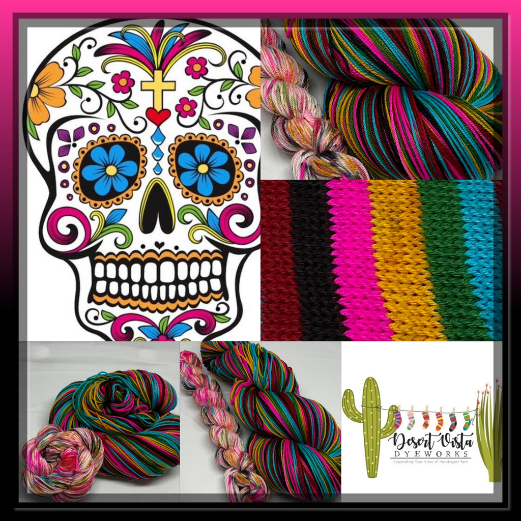 Dia de los Muertos Six Stripe Self Striping Yarn with Speckled Mini Skein