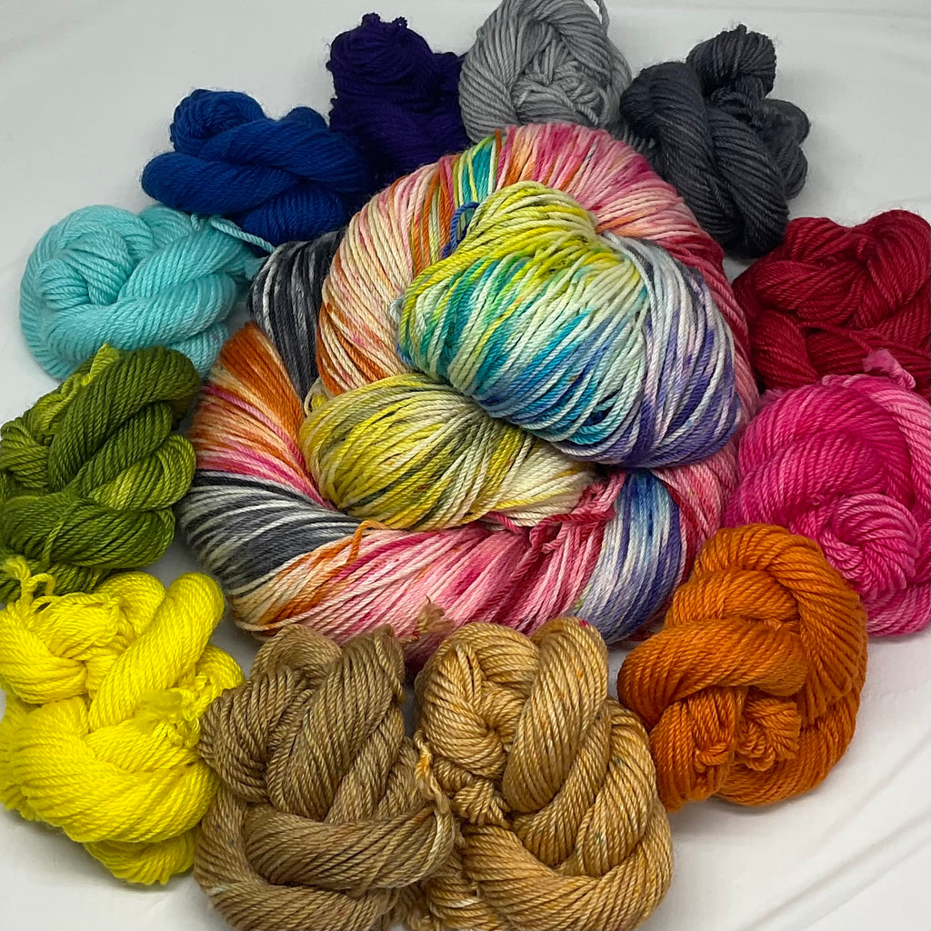 Rainbow Pantsuits Speckled  Variegated  Full Skein and Twelve Mini Skeins Yarn Set