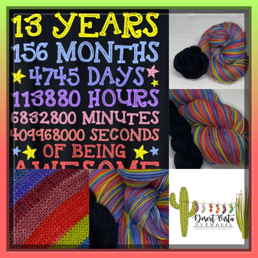 13 Years Seven Stripe Self Striping Sock Yarn with Coordinating Mini Skein