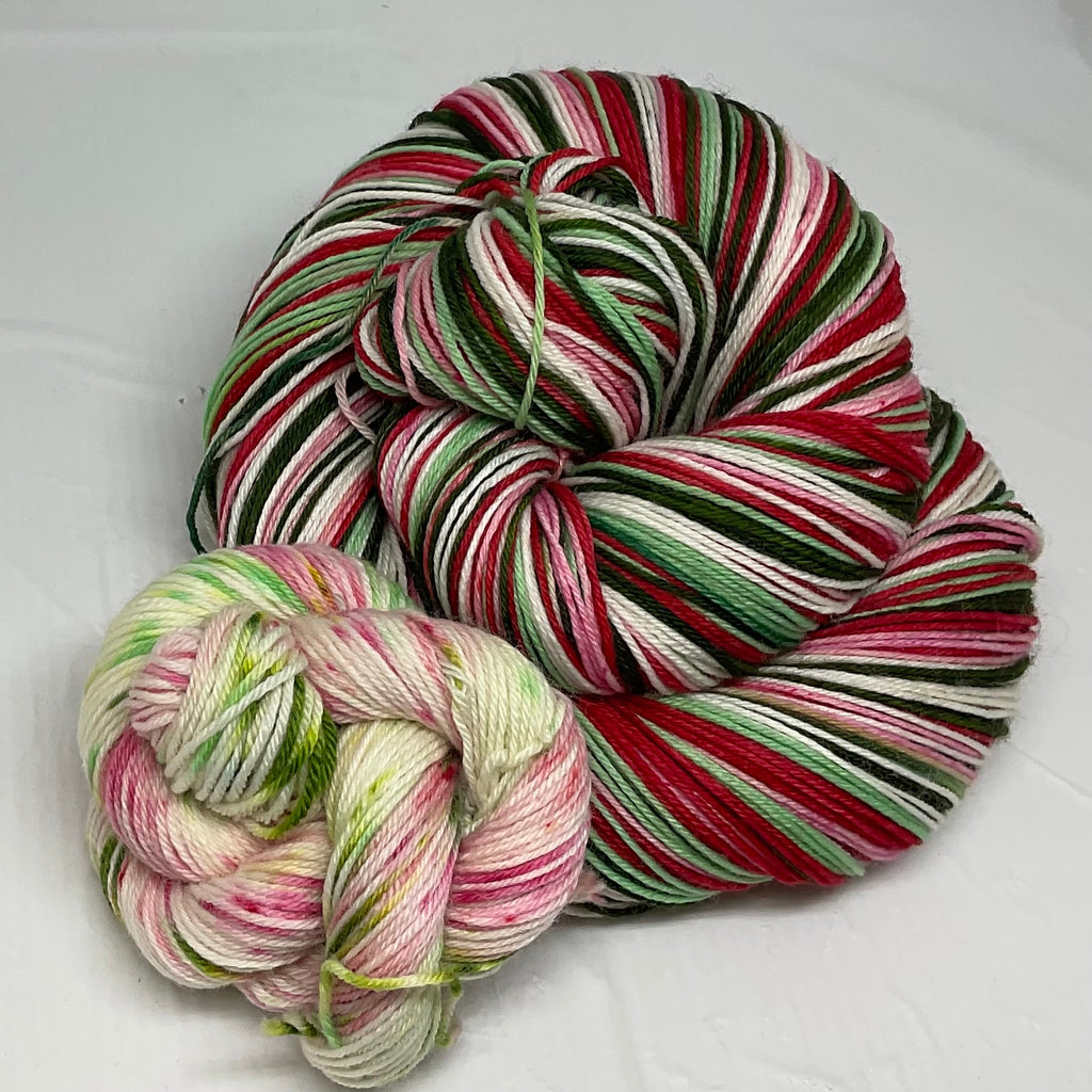 2024 Holiday Cups Six Stripe Self Striping Yarn with Speckled Mini Skein