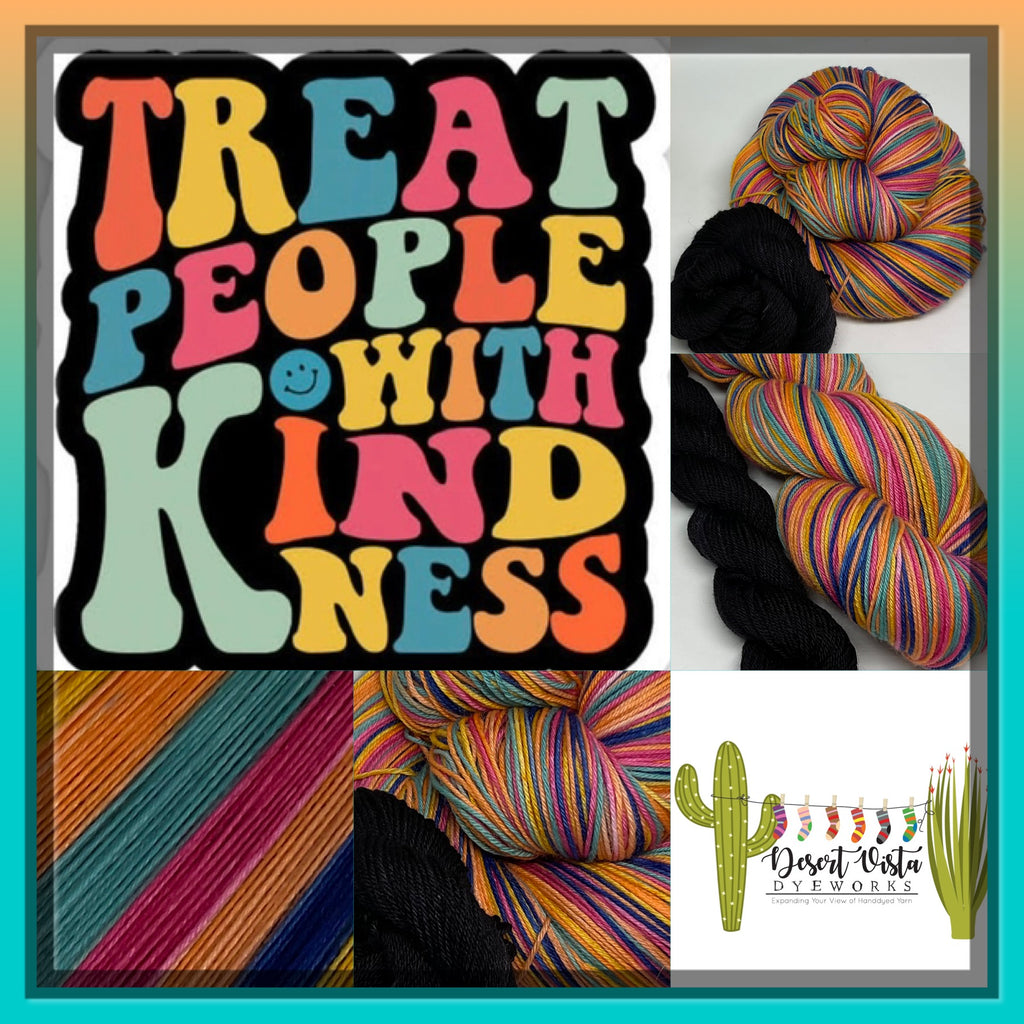 Treat People with Kindness Six Stripe Self Striping Sock Yarn with Coordinating Mini Skein
