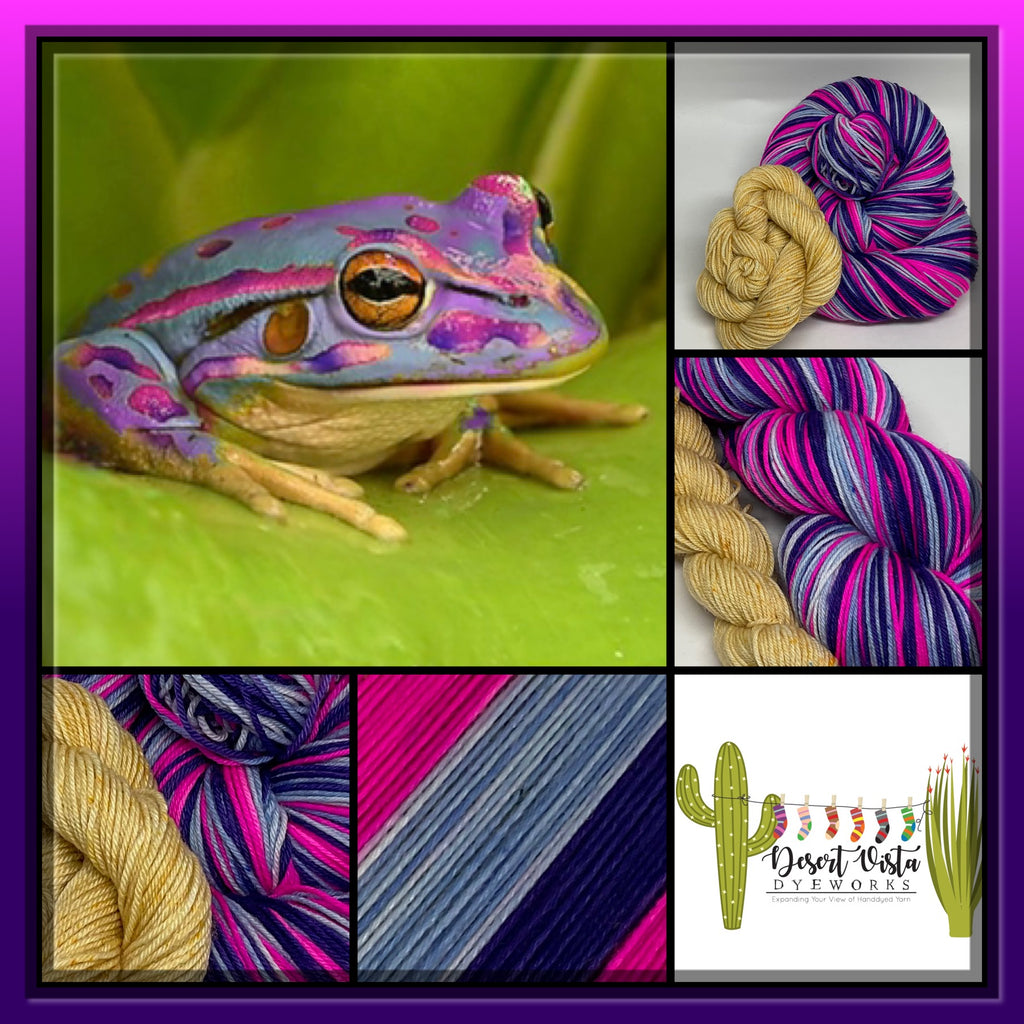 Pink Spotted Tree Frog Three Stripe Self Striping Yarn with Mini Skein for Toes and Heels