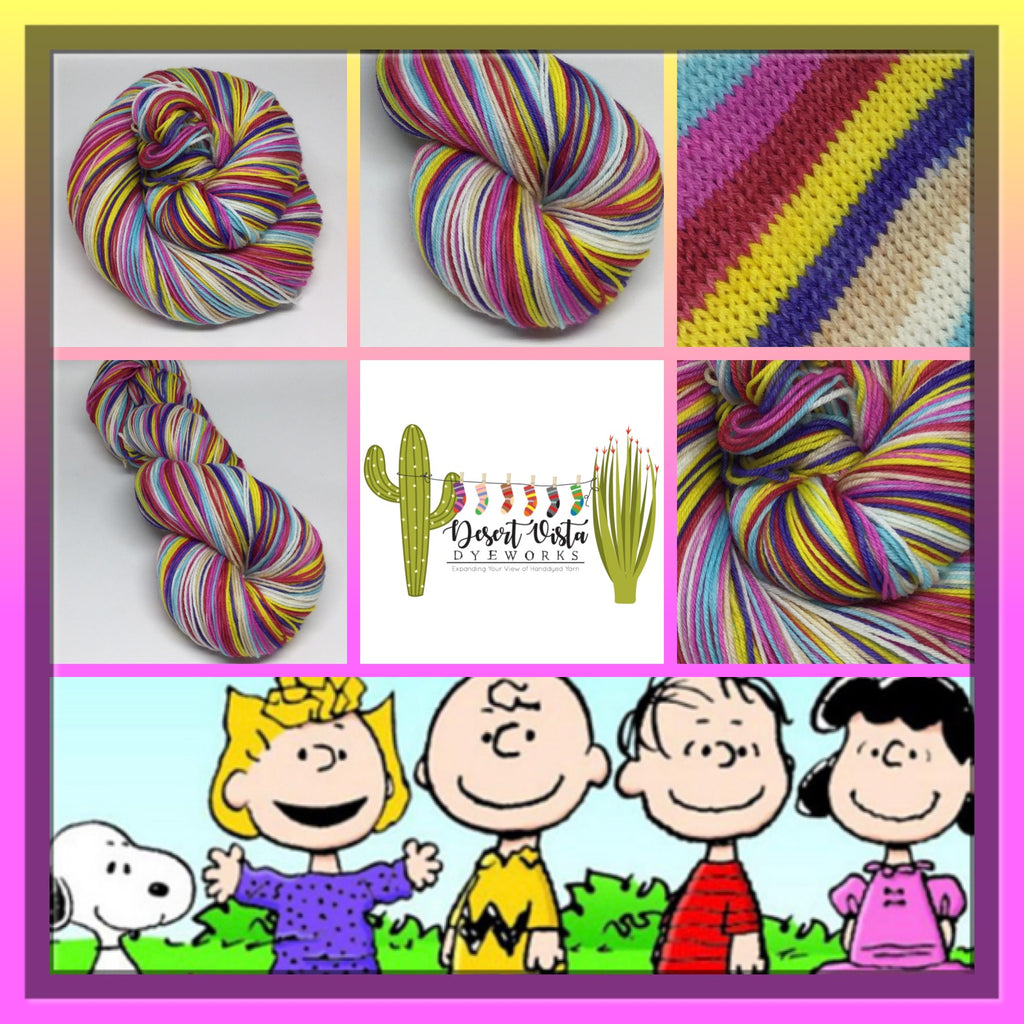 HBD, Charles Shultz Seven Stripe Self Striping Yarn with a 100 yd Mini Skein