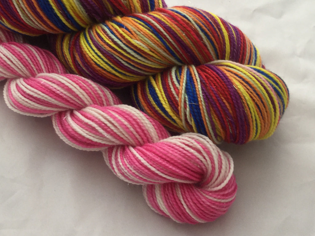 CandyLand Six Stripe Self Striping Yarn with Pink and White Mini Skein